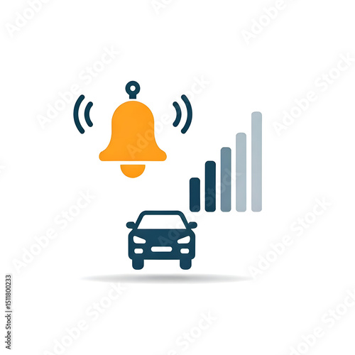 Real time traffic alert icon bell with car and signal bars white background.