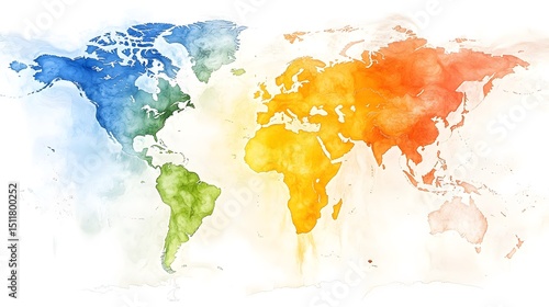 Fototapeta Naklejka Na Ścianę i Meble -  Watercolor world map displaying continents in different colors, symbolizing diversity and global connectivity