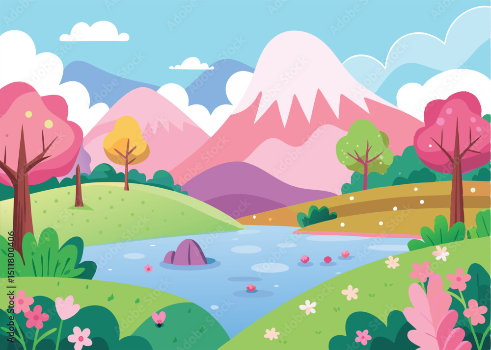 Fototapeta premium Serene spring landscape, mountains, river, flowers, transparent background