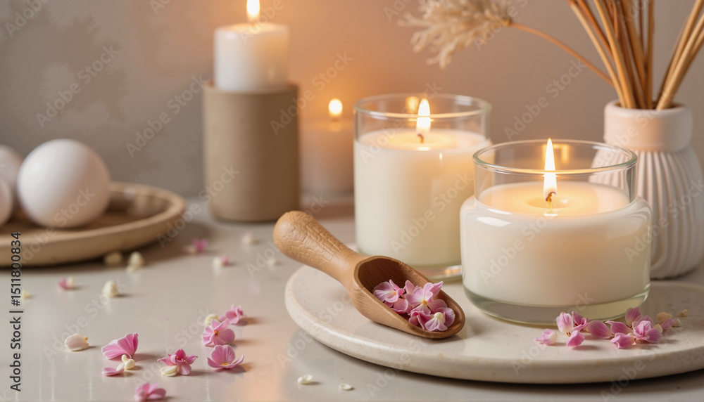 Scented candles with floral accents on a decorative table setting. Aromatherapy concept . Scented candles with floral accents on a decorative table setting. Aromatherapy concept .