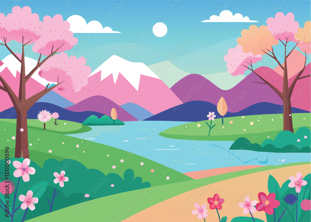 Fototapeta premium Serene spring landscape with cherry blossoms, mountains, and river