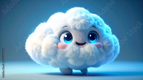 A fluffy, cartoon cloud character with large, bright eyes and a happy expression