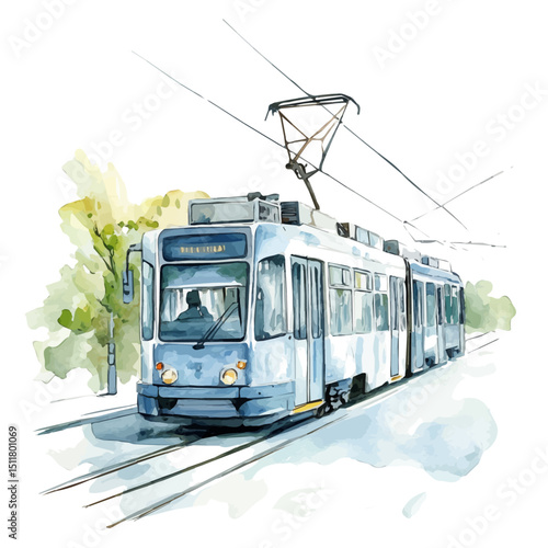 watercolor of Tram, vector high quality, isolated on a white background.