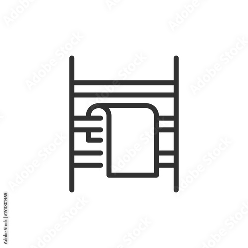 Heated towel rail with hanging towel, linear icon. Bathroom drying appliance. Line with editable stroke.
