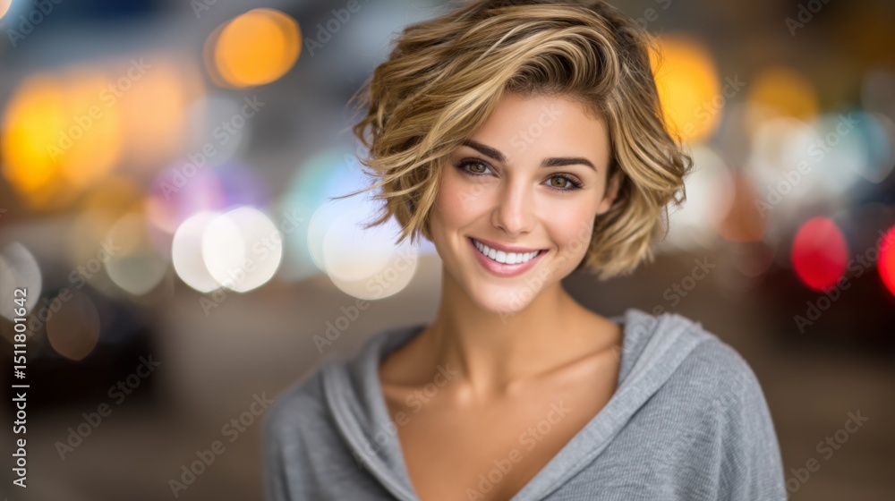 Bright smiling woman with short wavy hair in an urban night setting Bright smiling woman with short wavy hair in an urban night setting