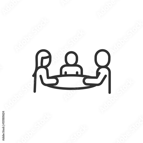 Family at table, linear icon. Mealtime or discussion. Line with editable stroke.