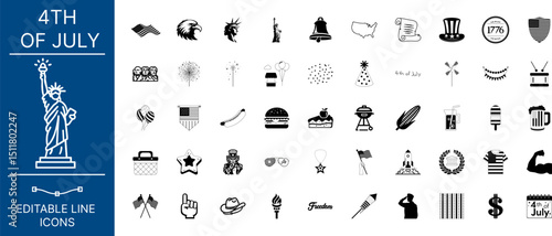 Set of America and 4th of July Icons. Statue of Liberty, Fireworks, USA flag, Balloons, and more Vector Illustration.