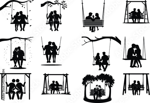Couple on Swing Silhouette Set – Romantic Love Vector Bundle Swinging Couple Silhouettes – Love, Relax & Romance Scene Clipart
