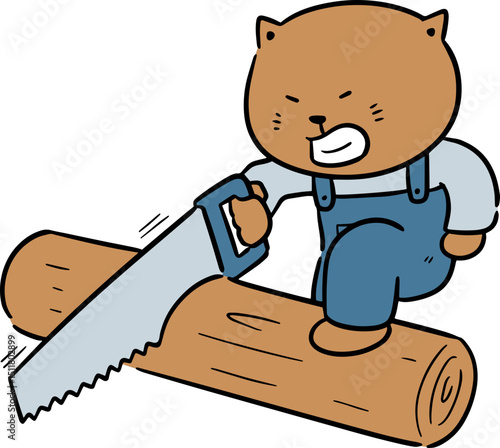 Illustration of cat using saw
