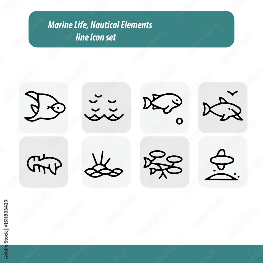 Obraz premium High Quality Marine Life Nautical Elements Line Icon Set