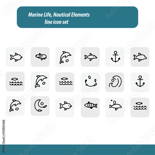 High Quality Marine Life Nautical Elements Line Icon Set
