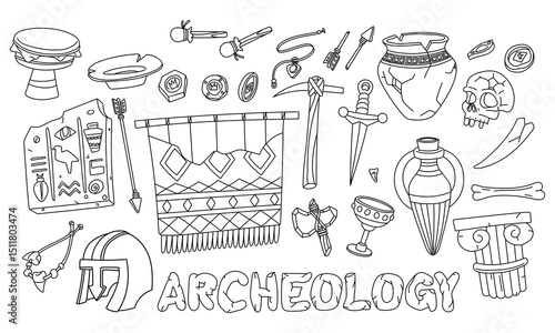 set objects of human life finds with inscription Archeology in doodle monochrome. Jugs, plates, bones, blade, architecture. It suitable for scientific posters, books, articles, educational materials