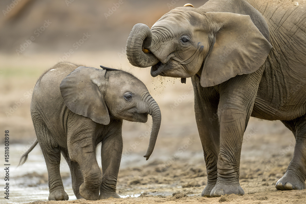 Fototapeta premium Elephant mother and baby bonding at watering hole 