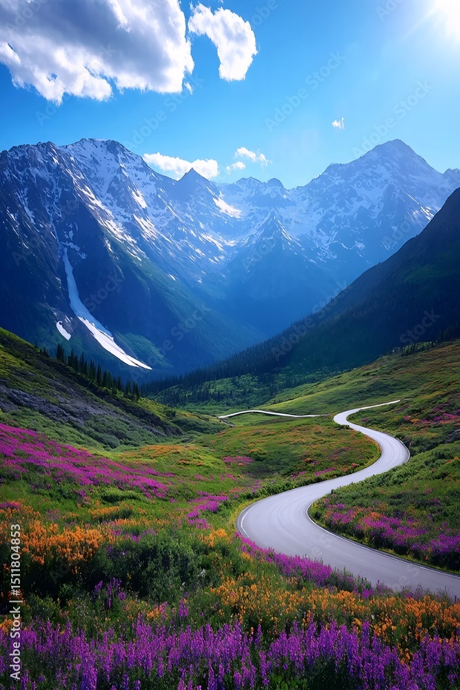 Fototapeta premium Winding Road Through Majestic Peaks: A scenic mountain pass, a ribbon of road weaves its way through a valley awash in wildflowers, with snow-capped peaks piercing the azure sky.