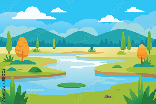 Serene landscape river scene with mountains, trees, and clean cutout