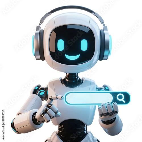 Happy robot. 3d ai character, chat bot mascot isolated on transparent background, GPT chatbot icon. Artificial intelligence, trendy technology, support service, funny automation computer