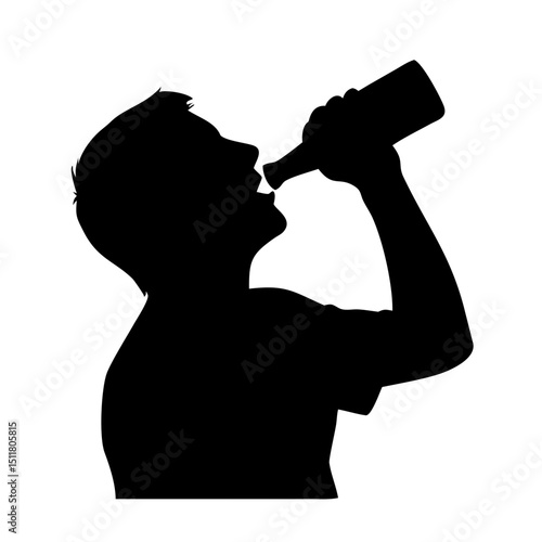 Silhouette of Man Drinking from Bottle – Vector Person Beverage Icon | Male Drink Clipart | Alcohol Use Shadow Art | Hydration Symbol Graphic | Black Solid Figure Holding Bottle Illustration

