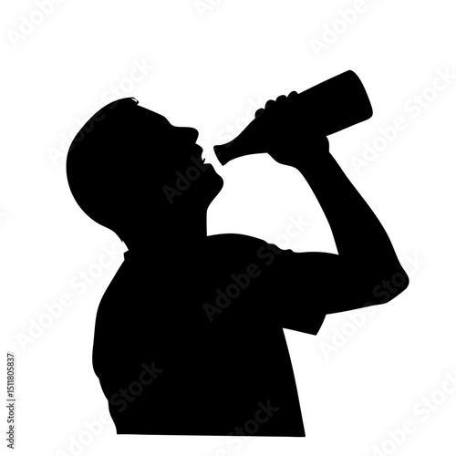 Silhouette of Man Drinking from Bottle – Vector Person Beverage Icon | Male Drink Clipart | Alcohol Use Shadow Art | Hydration Symbol Graphic | Black Solid Figure Holding Bottle Illustration


