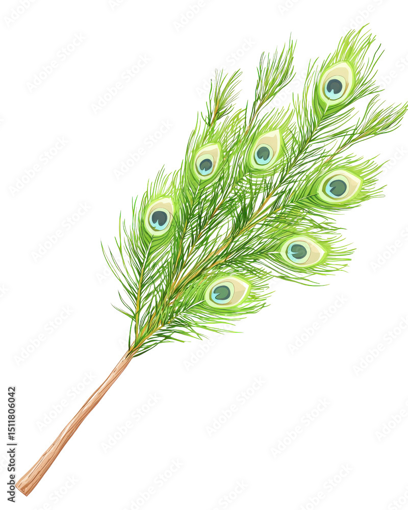 Obraz premium Vibrant green branch adorned with peacock feathers, showcasing intricate patterns and colors, evokes sense of nature beauty and elegance, Isolated on transparent background