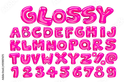 3d style vector of high glossy pink alphabet and numbers on white background