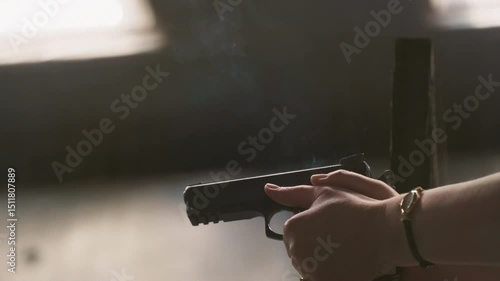 Woman shoots a pistol at a shooting range, sports shooting. Female makes a gun shot in an army shooting gallery. Real weapon in police. Lady is aiming at the target. Life protection and bodyguard