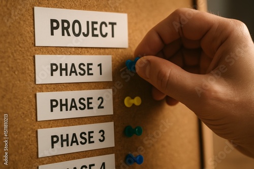 hand attaching the final color-coded pin to a cork board project planner. Each color represents a phase