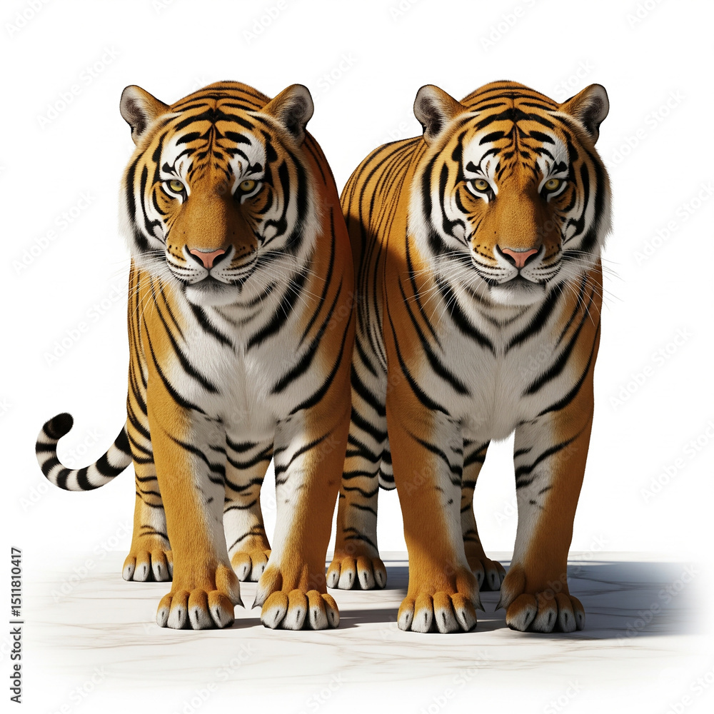 Obraz premium Close up two Bengal tigers standing on ivory marble floor isolated on white background in ultra detailed photorealistic style