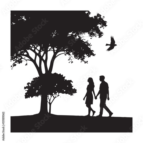 Silhouette of a couple walking in a park with a tree and a bird flying above Silhouette white background