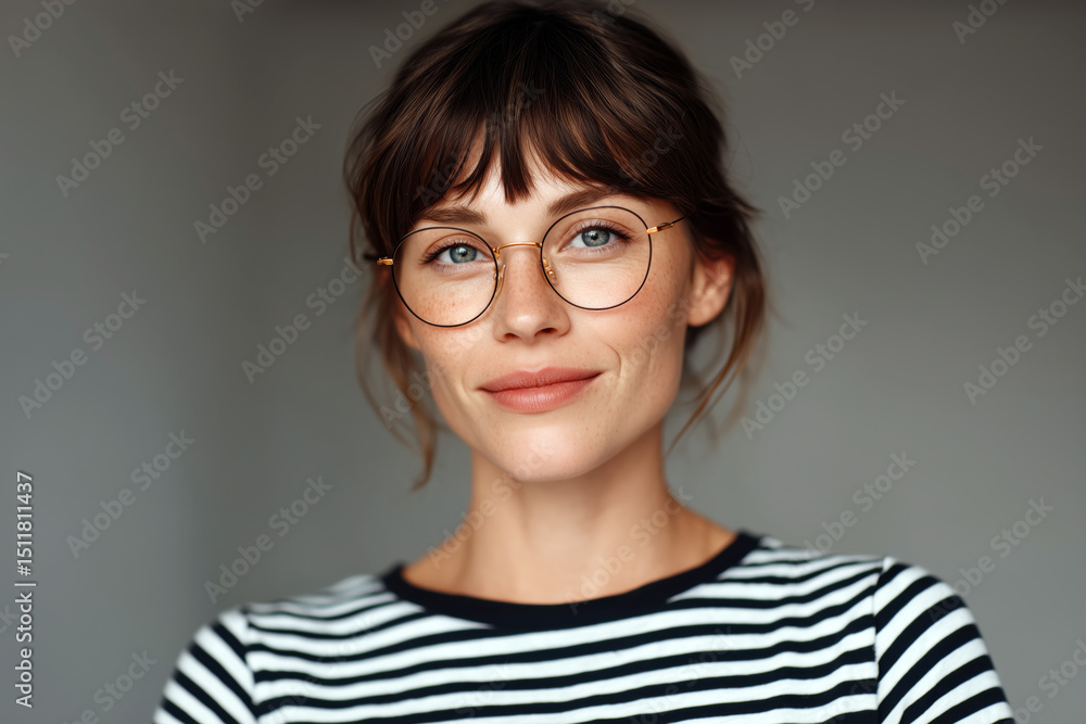 Fototapeta premium Portrait of a young woman with eyeglasses and striped t shirt, smiling slightly and looking confident