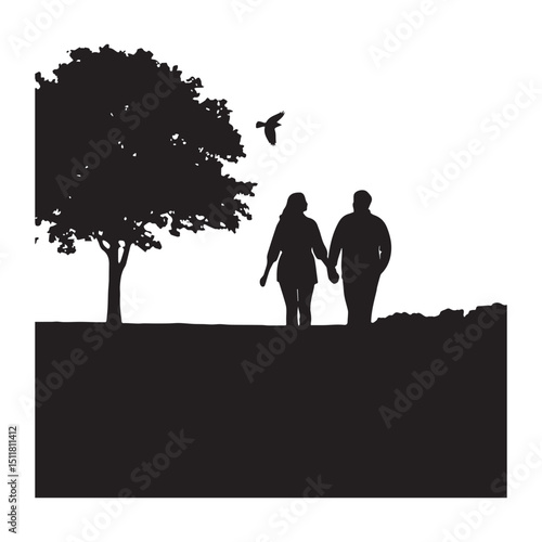 Silhouette of a couple walking in a park with a tree and a bird flying above Silhouette white background