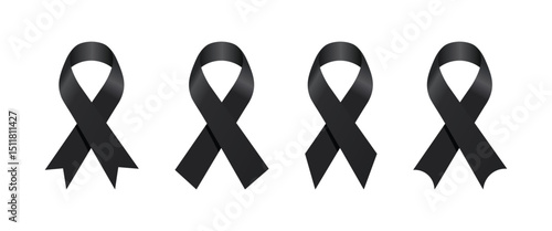Black ribbon awareness icon set representing mourning, remembrance, and loss. Often used for memorial designs, tribute graphics, national days of mourning, or to show solidarity during tragic events.