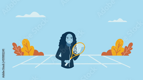 cute character with a tennis racket, peaceful landscape with clouds, autumn leaves, simple vector illustration style

