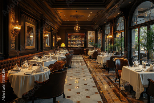 Table set with elegant dinnerware and a centerpiece of white roses and candles in the dining room at the RI hotel.