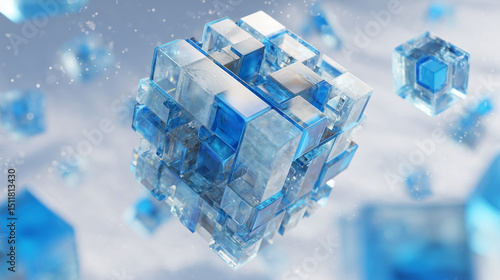 Abstract geometric design with blue cube composed of smaller cubes, suitable for tech industry, graphic design projects, or modern art concepts.