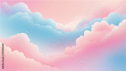 abstract Soft pastel sky with fluffy clouds in pink and blue gradient tones, dreamy atmosphere, smooth transitions, no outlines, clean vector style.