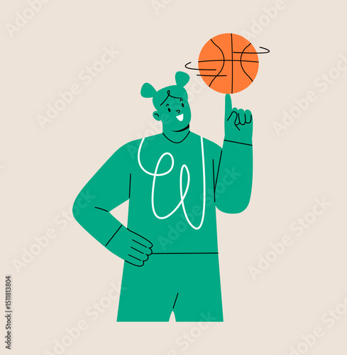 Woman spins basketball on finger. Colorful vector illustration