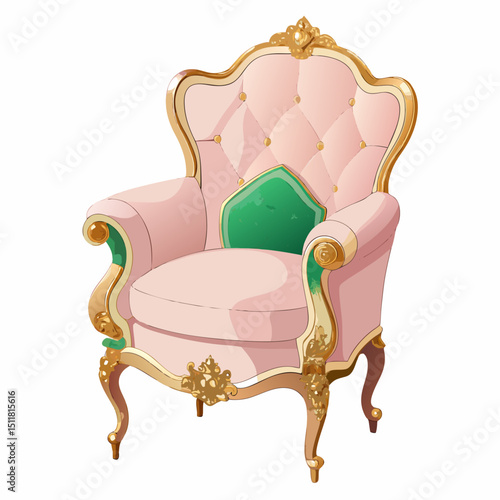 Elegant Pink and Gold Baroque Armchair with Green Cushion