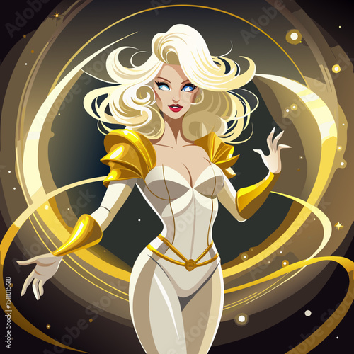 Stunning Blonde Superheroine in White and Gold Cosmic Suit