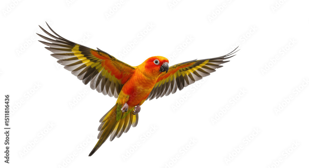 Obraz premium Beautiful Sun Conure Parrot in Flight with Wings Spread Isolated on a transparent png Background, colorful, vibrant, tropical, exotic, pet, avian, wings, feathers, parakeet