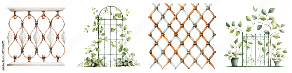 Naklejka premium Elegant garden trellis designs featuring intricate patterns, vibrant greenery, and a blend of rustic wooden and metal textures. Ideal for garden decor and landscaping inspiration.
