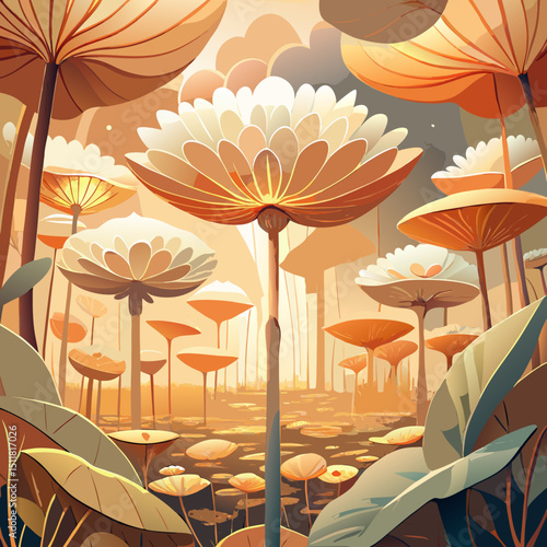 Enchanted Fantasy Forest with Giant Flower Mushrooms and Lily Pads