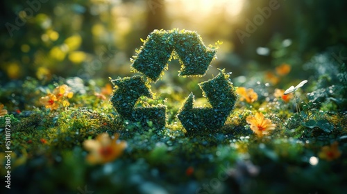 Recycling symbol, grass, nature, sunlight, flowers