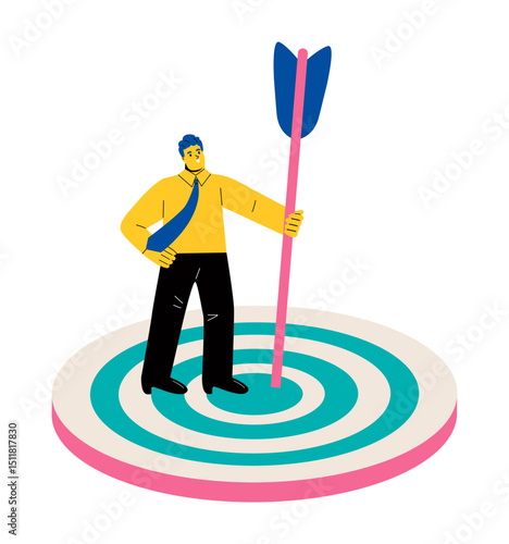 Business goals success concept. Business man with arrow target. Flat vector illustration isolated on white