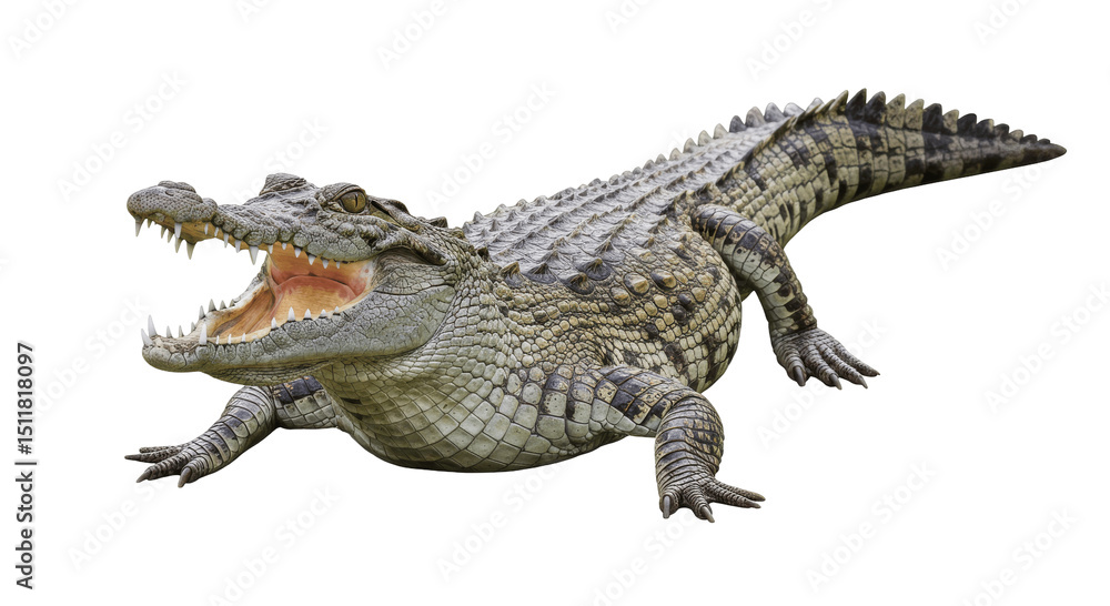 Naklejka premium Crocodile with Open Mouth, Isolated on a transparent png Background, crocodile, reptile, alligator, wildlife, predator, animal