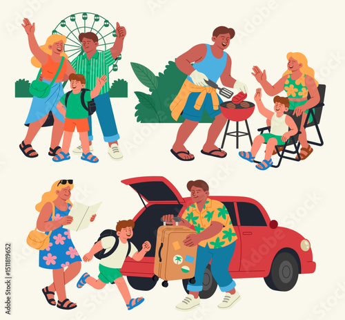 Various summer vacation moments of a family