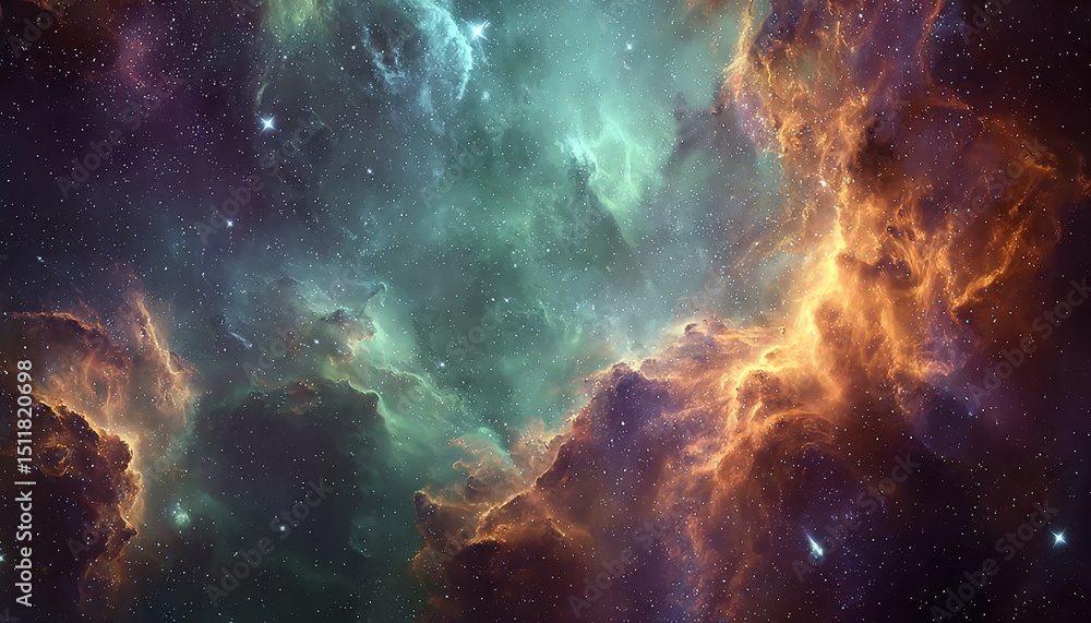 Fototapeta premium Celestial Tapestry Vibrant Emerald Nebula in a Cosmic Dance with Fiery Interstellar Clouds