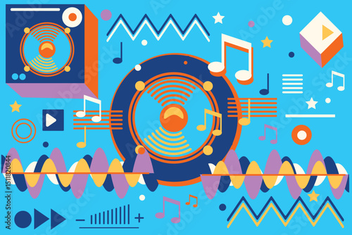Colorful music loudspeaker with notes on retro styled geometrical background - musical design