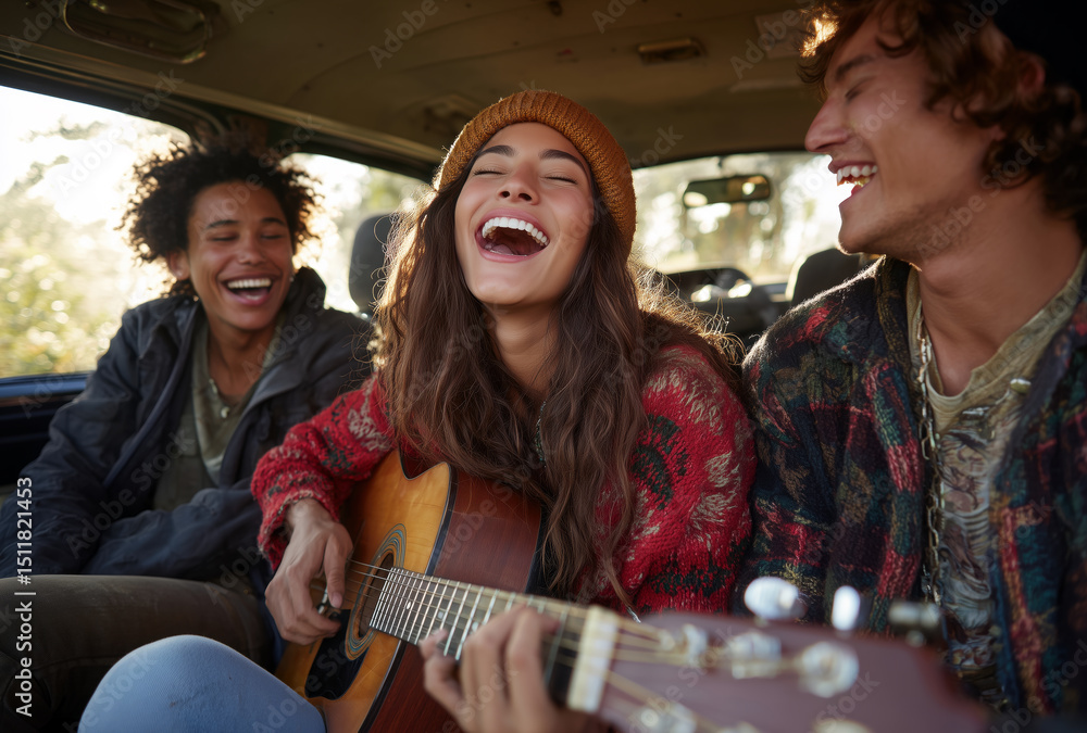 Group of friends enjoying a lively road trip, singing joyfully and strumming an acoustic guitar, sharing laughter and unforgettable moments Group of friends enjoying a lively road trip, singing joyfully and strumming an acoustic guitar, sharing laughter and unforgettable moments