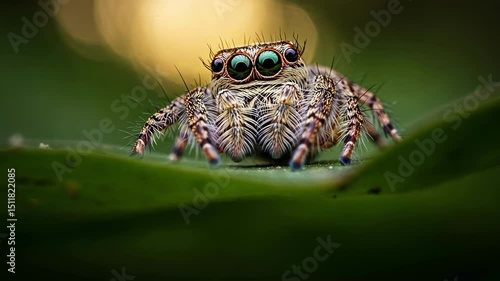 Closeup of a cute jumping spider with big eyes on a green leaf.