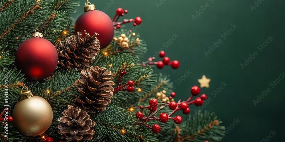 Fototapeta premium Christmas Background. Closeup Of Red Christmas Decoration On Green Christmas Tree Branch